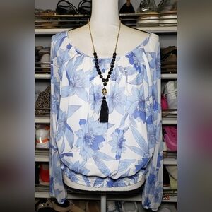 Harper 241 Long-sleeve Blue Floral Print Blouse